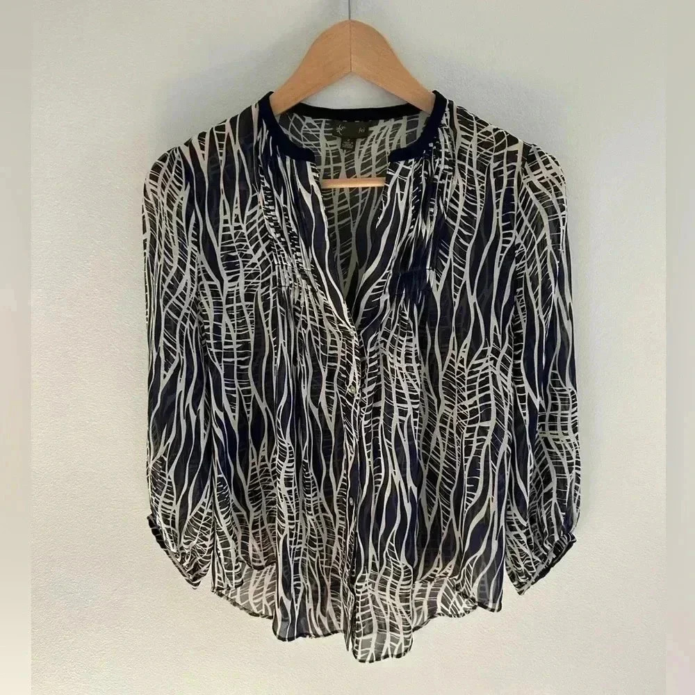 ANTHROPOLOGIE FEI 100% SILK Balloon Sleeve navy Sheer button down Blouse Sz 2
